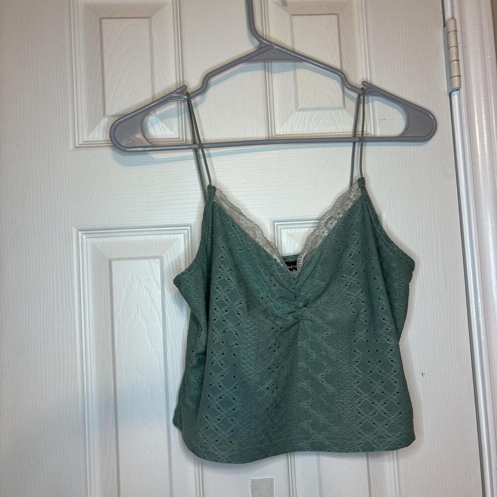 Shein Large Green Lace Trim Eyelet Cami Tank Top